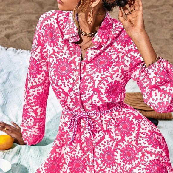 Hot Pink Boho Womens Allover Print Belted Shirt Dress - Picture 4 of 5